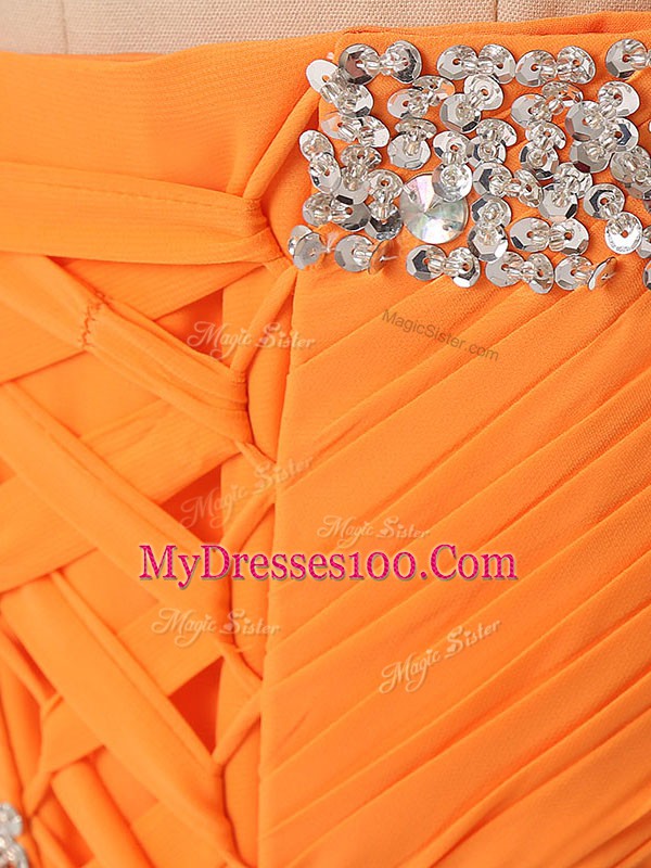 Best Selling Floor Length Orange Evening Dress Chiffon Sleeveless Beading and Ruching