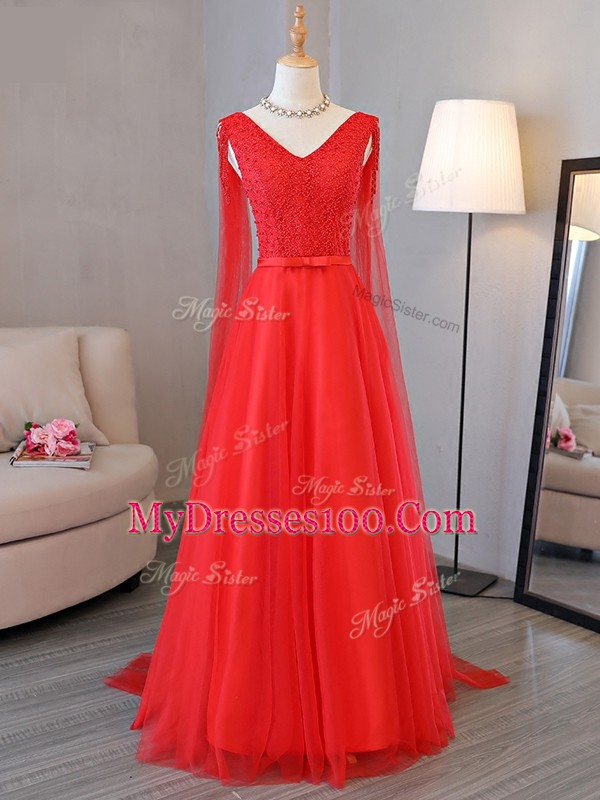 New Style Red V-neck Lace Up Lace and Belt Prom Party Dress Sleeveless