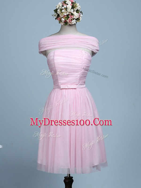 Hot Sale Baby Pink Side Zipper Strapless Belt Bridesmaid Dresses Tulle Sleeveless