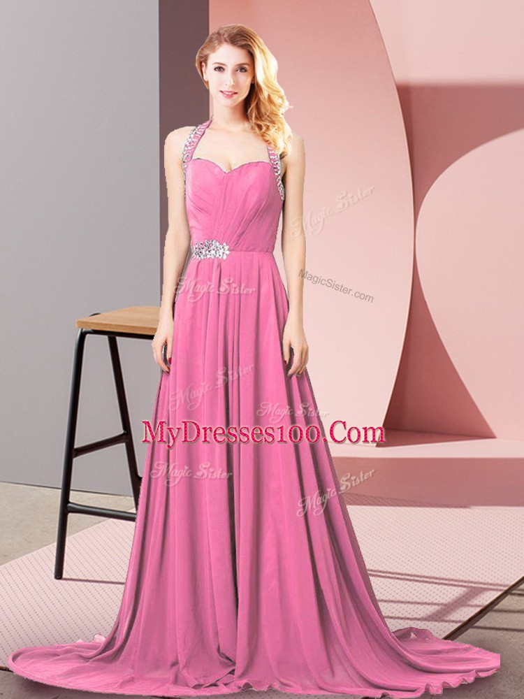 Flare Zipper Pageant Gowns Pink for Prom and Party and Military Ball and Beach with Beading and Ruching Brush Train