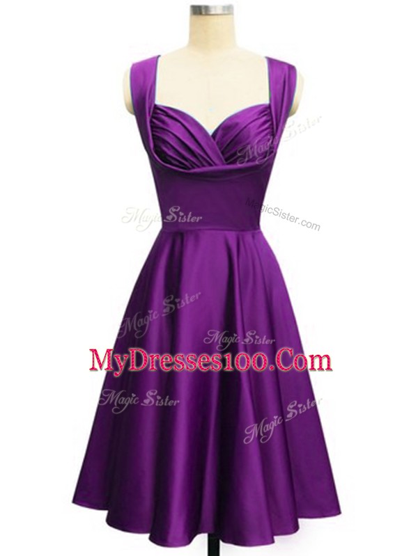 Eggplant Purple Taffeta Lace Up Damas Dress Sleeveless Knee Length Ruching