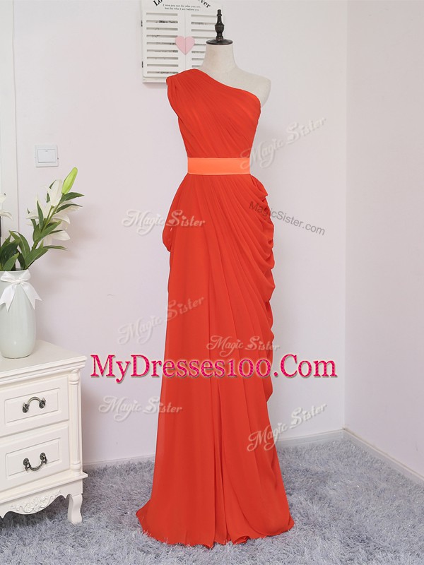 Sleeveless Floor Length Pick Ups Zipper Quinceanera Court of Honor Dress with Coral Red