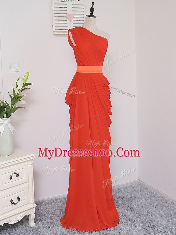 Sleeveless Floor Length Pick Ups Zipper Quinceanera Court of Honor Dress with Coral Red