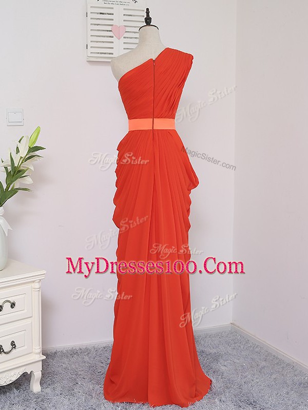 Sleeveless Floor Length Pick Ups Zipper Quinceanera Court of Honor Dress with Coral Red