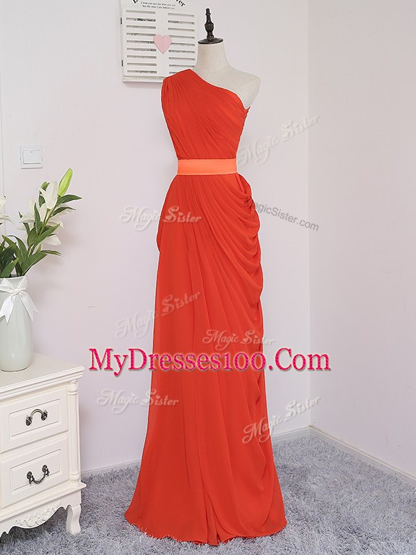 Sleeveless Floor Length Pick Ups Zipper Quinceanera Court of Honor Dress with Coral Red