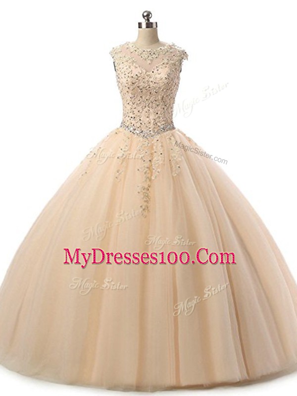 Superior Floor Length Lace Up 15th Birthday Dress Champagne for Military Ball and Sweet 16 and Quinceanera with Beading and Lace