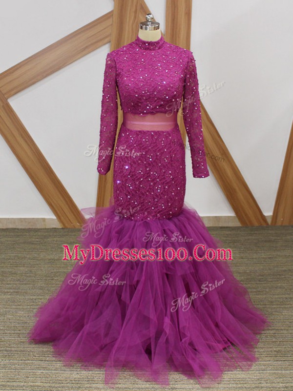 Fuchsia Tulle Zipper Mother Of The Bride Dress Long Sleeves Floor Length Lace and Ruffles
