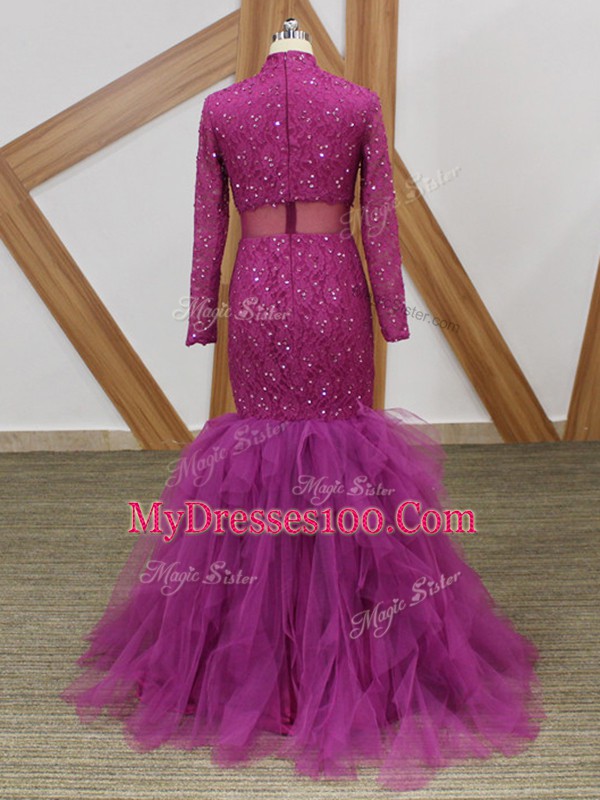 Fuchsia Tulle Zipper Mother Of The Bride Dress Long Sleeves Floor Length Lace and Ruffles