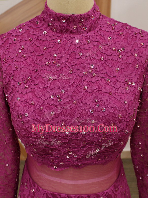 Fuchsia Tulle Zipper Mother Of The Bride Dress Long Sleeves Floor Length Lace and Ruffles