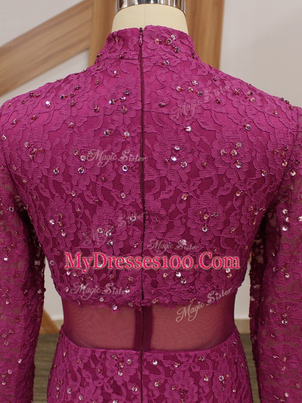 Fuchsia Tulle Zipper Mother Of The Bride Dress Long Sleeves Floor Length Lace and Ruffles