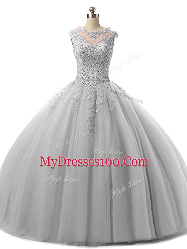 Best Selling Grey Lace Up Scoop Beading and Lace Sweet 16 Dresses Tulle Sleeveless