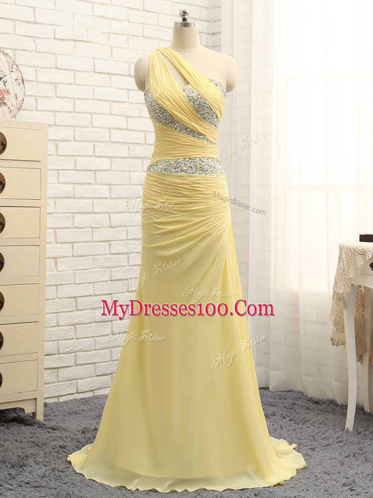 Luxury One Shoulder Sleeveless Brush Train Zipper Dress for Prom Yellow Chiffon