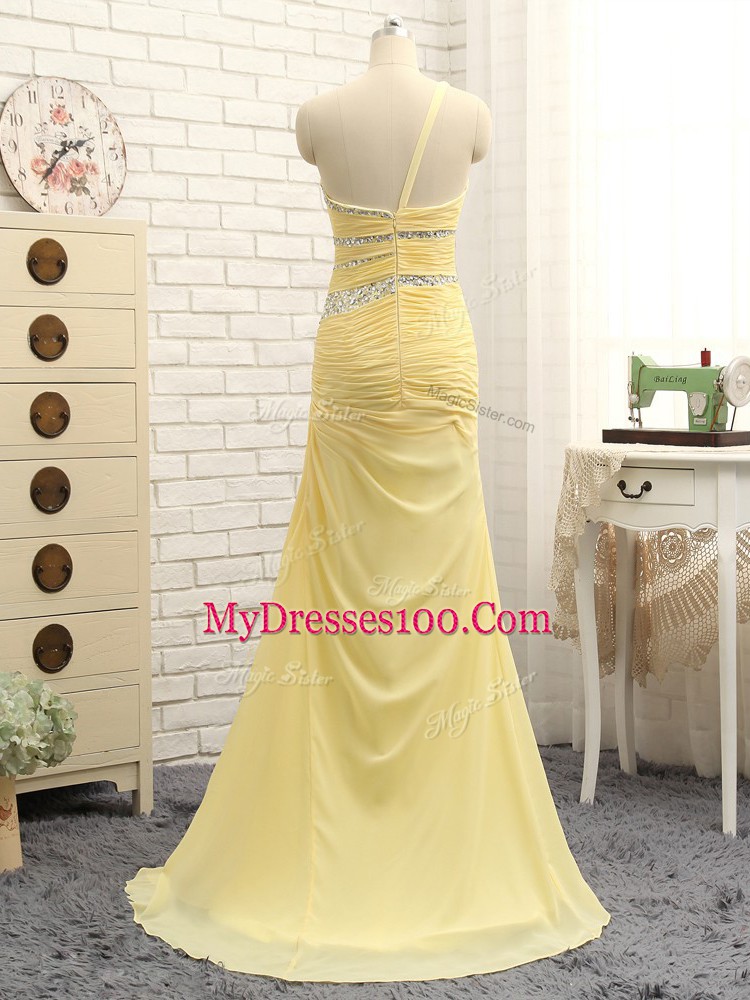 Luxury One Shoulder Sleeveless Brush Train Zipper Dress for Prom Yellow Chiffon