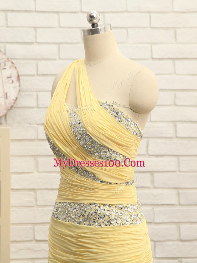 Luxury One Shoulder Sleeveless Brush Train Zipper Dress for Prom Yellow Chiffon