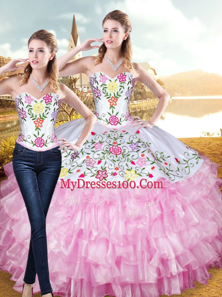 Comfortable Sweetheart Sleeveless 15 Quinceanera Dress Floor Length Embroidery and Ruffled Layers Rose Pink Organza and Taffeta