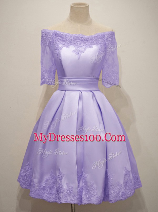 Taffeta Off The Shoulder Half Sleeves Lace Up Lace Bridesmaids Dress in Lavender