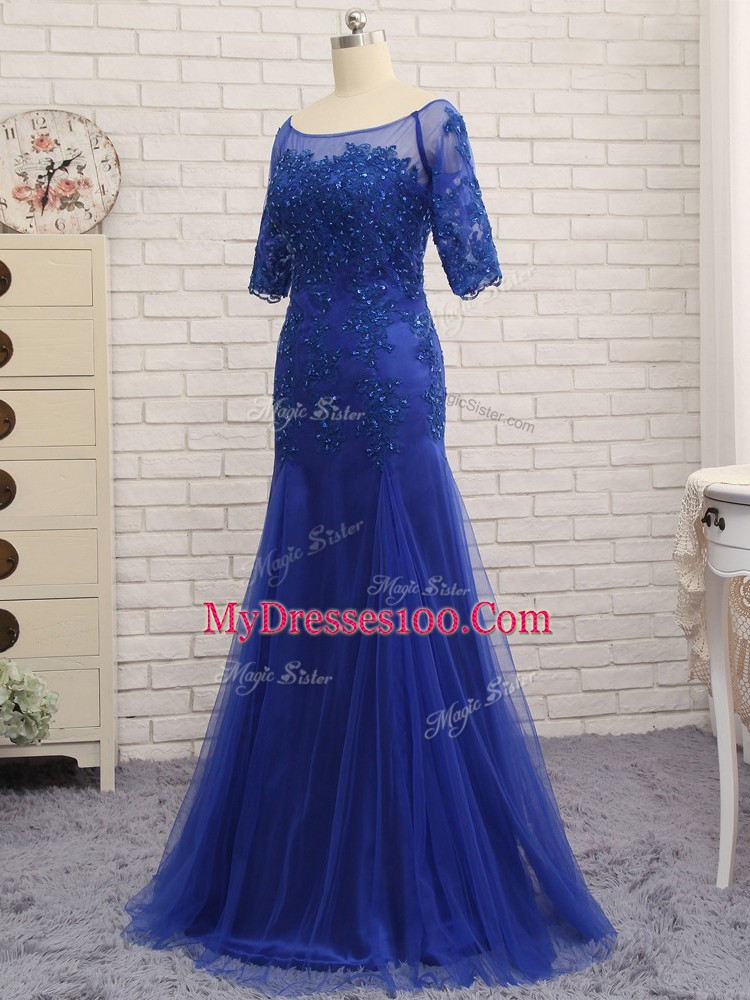 Sumptuous Royal Blue Column/Sheath Scoop Half Sleeves Tulle Zipper Lace and Appliques Mother Dresses