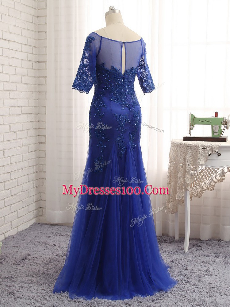 Sumptuous Royal Blue Column/Sheath Scoop Half Sleeves Tulle Zipper Lace and Appliques Mother Dresses