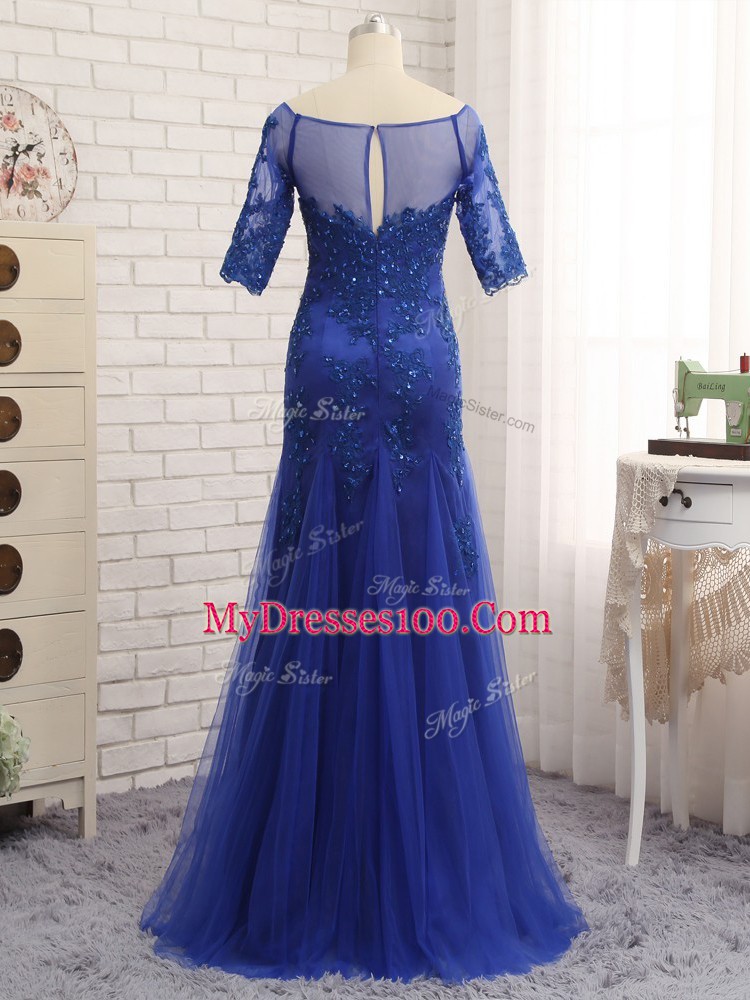 Sumptuous Royal Blue Column/Sheath Scoop Half Sleeves Tulle Zipper Lace and Appliques Mother Dresses