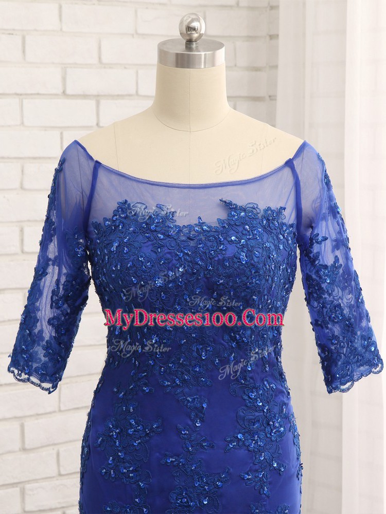 Sumptuous Royal Blue Column/Sheath Scoop Half Sleeves Tulle Zipper Lace and Appliques Mother Dresses
