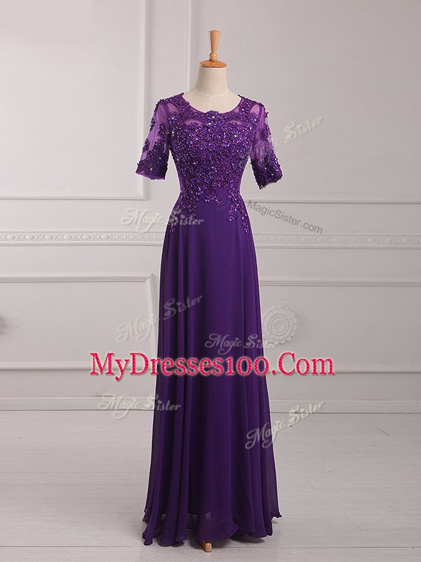 Scoop Half Sleeves Zipper Mother Of The Bride Dress Purple Chiffon