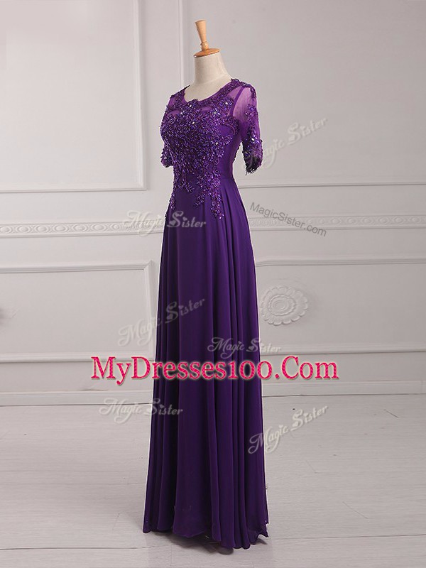 Scoop Half Sleeves Zipper Mother Of The Bride Dress Purple Chiffon
