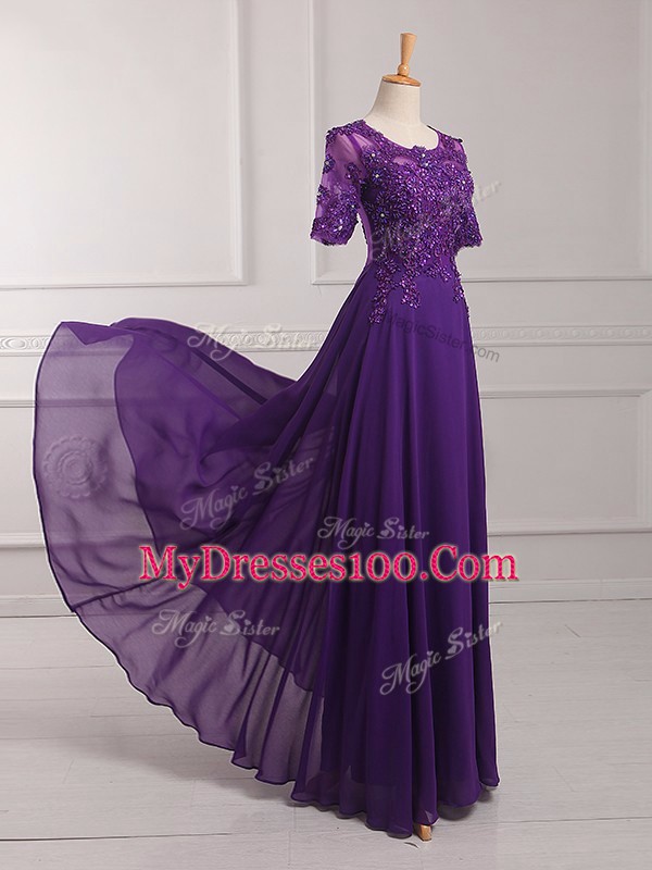 Scoop Half Sleeves Zipper Mother Of The Bride Dress Purple Chiffon