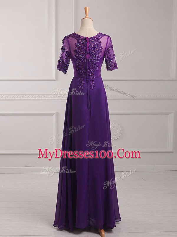 Scoop Half Sleeves Zipper Mother Of The Bride Dress Purple Chiffon