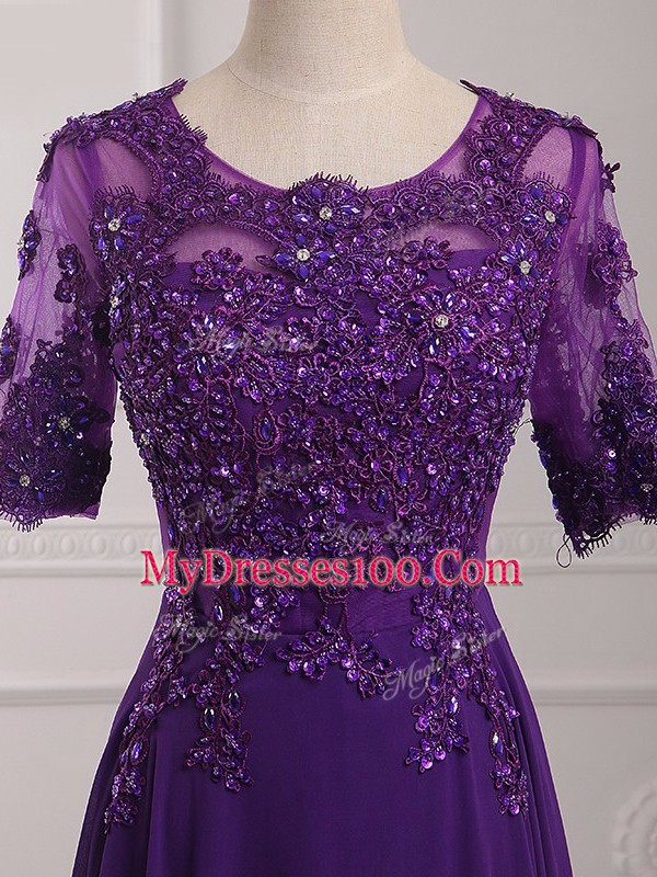 Scoop Half Sleeves Zipper Mother Of The Bride Dress Purple Chiffon