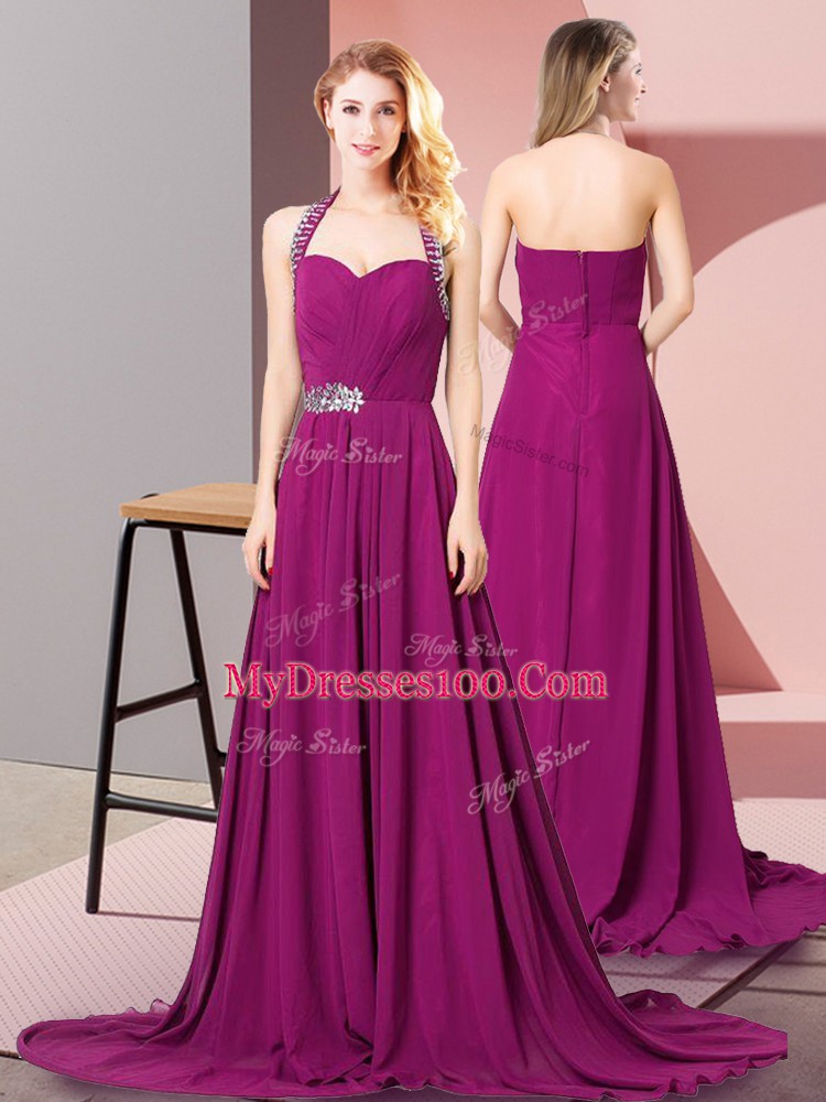 Dazzling Halter Top Sleeveless Brush Train Zipper Homecoming Dress Fuchsia Chiffon