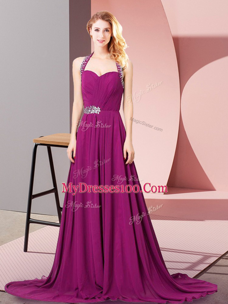 Dazzling Halter Top Sleeveless Brush Train Zipper Homecoming Dress Fuchsia Chiffon