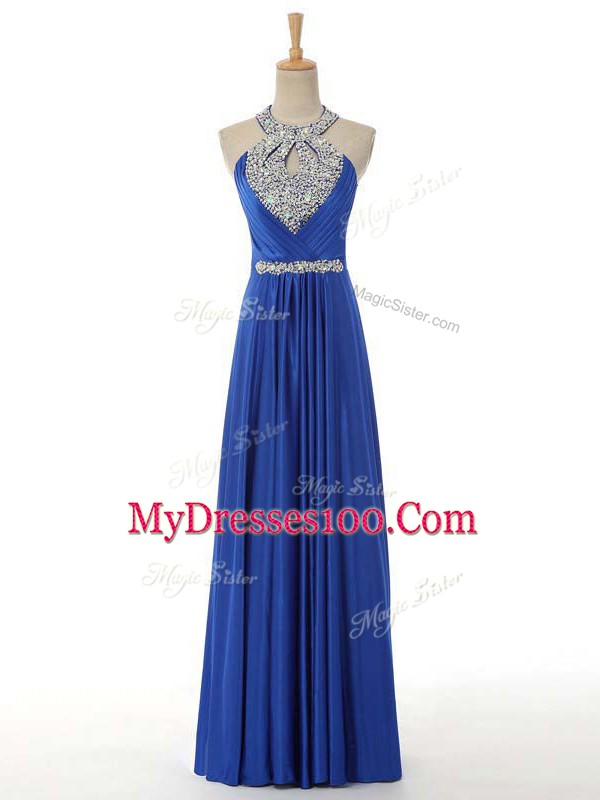 Glorious Royal Blue Zipper Halter Top Beading and Ruching Glitz Pageant Dress Elastic Woven Satin Sleeveless