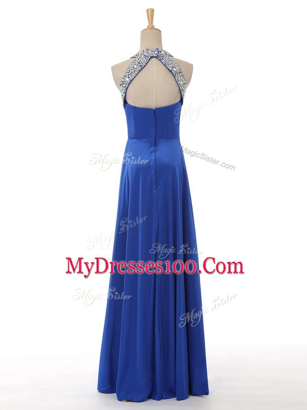 Glorious Royal Blue Zipper Halter Top Beading and Ruching Glitz Pageant Dress Elastic Woven Satin Sleeveless