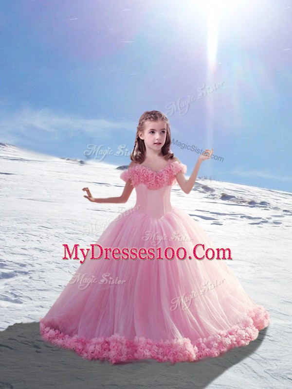 Elegant Baby Pink Tulle Lace Up Kids Formal Wear Sleeveless Court Train Hand Made Flower