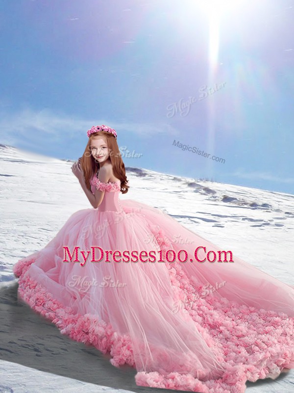 Elegant Baby Pink Tulle Lace Up Kids Formal Wear Sleeveless Court Train Hand Made Flower