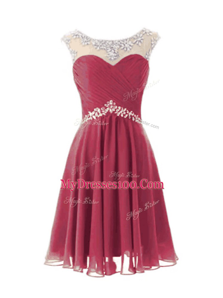Knee Length Burgundy Prom Dress Scoop Cap Sleeves Zipper