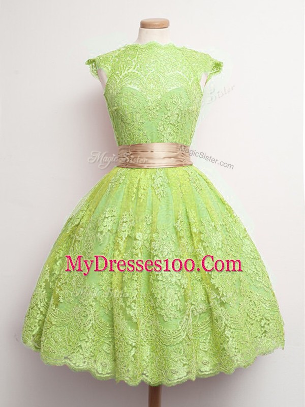 Affordable High-neck Cap Sleeves Bridesmaids Dress Knee Length Belt Yellow Green Lace