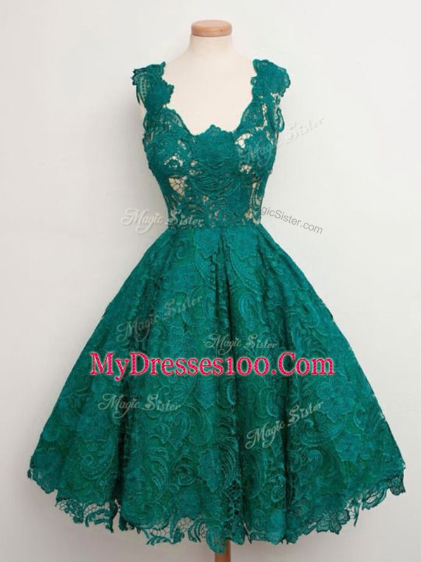 Sleeveless Lace Knee Length Lace Up Dama Dress for Quinceanera in Dark Green with Lace