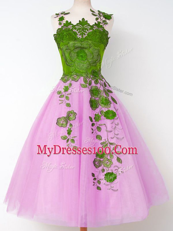 Lovely Sleeveless Tulle Knee Length Lace Up Dama Dress for Quinceanera in Lilac with Appliques