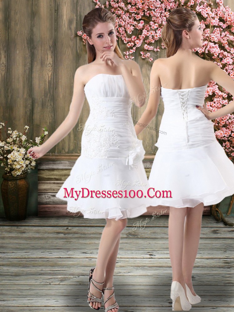 White Strapless Neckline Hand Made Flower Wedding Dresses Sleeveless Lace Up