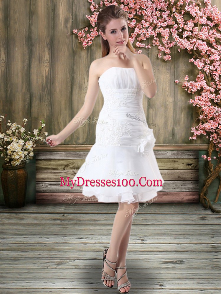 White Strapless Neckline Hand Made Flower Wedding Dresses Sleeveless Lace Up