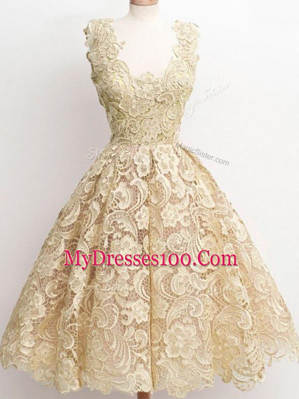 Custom Designed Champagne Zipper Wedding Party Dress Lace Sleeveless Knee Length