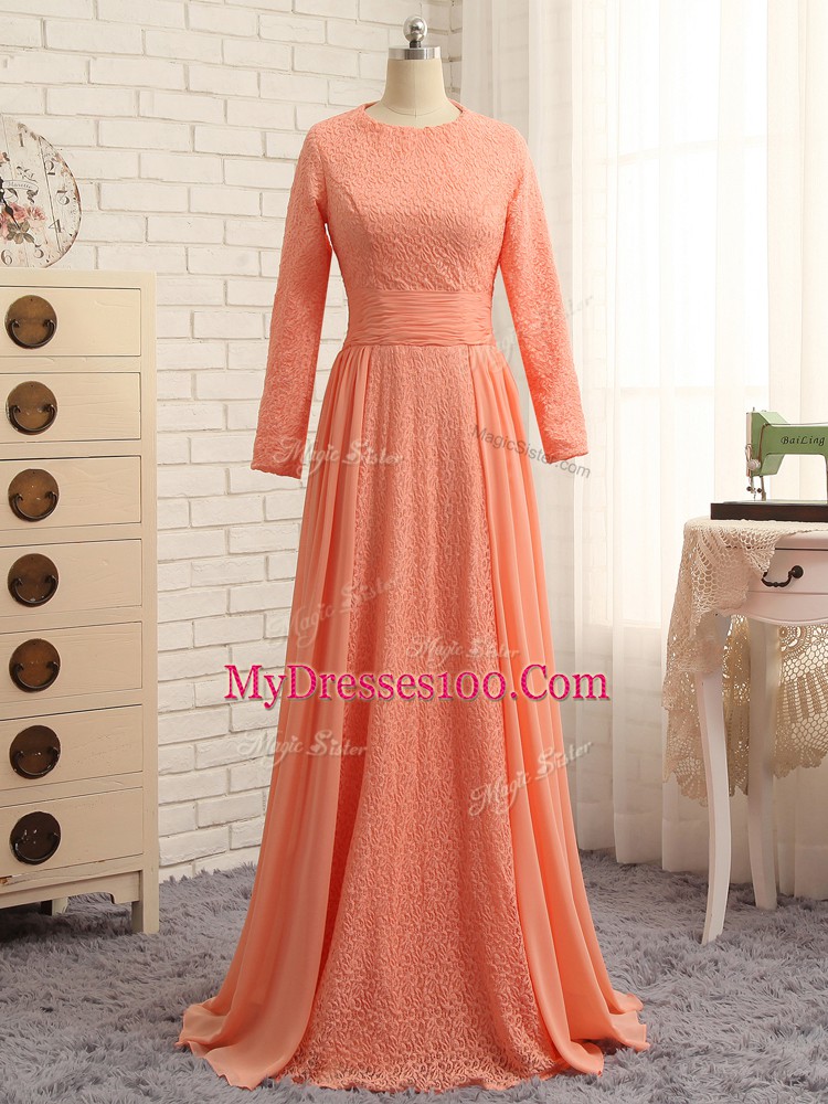 High Quality Floor Length Orange Mother Dresses Scoop Long Sleeves Zipper