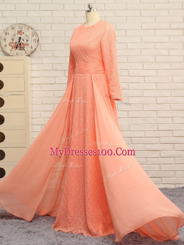 High Quality Floor Length Orange Mother Dresses Scoop Long Sleeves Zipper