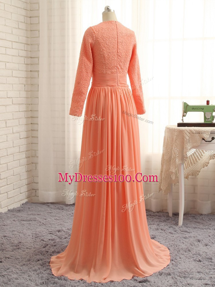 High Quality Floor Length Orange Mother Dresses Scoop Long Sleeves Zipper