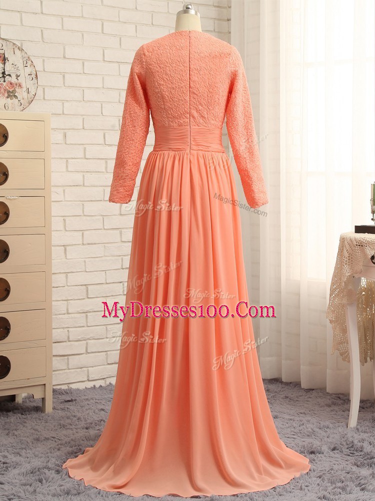 High Quality Floor Length Orange Mother Dresses Scoop Long Sleeves Zipper
