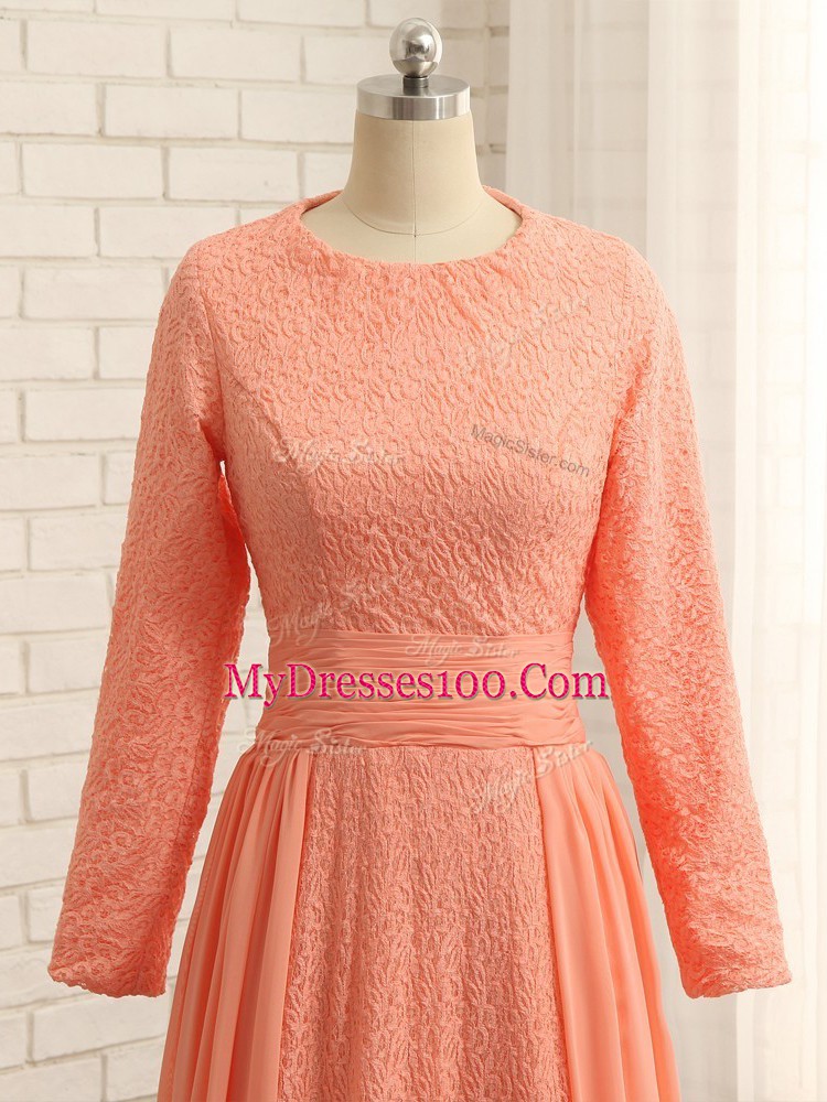 High Quality Floor Length Orange Mother Dresses Scoop Long Sleeves Zipper