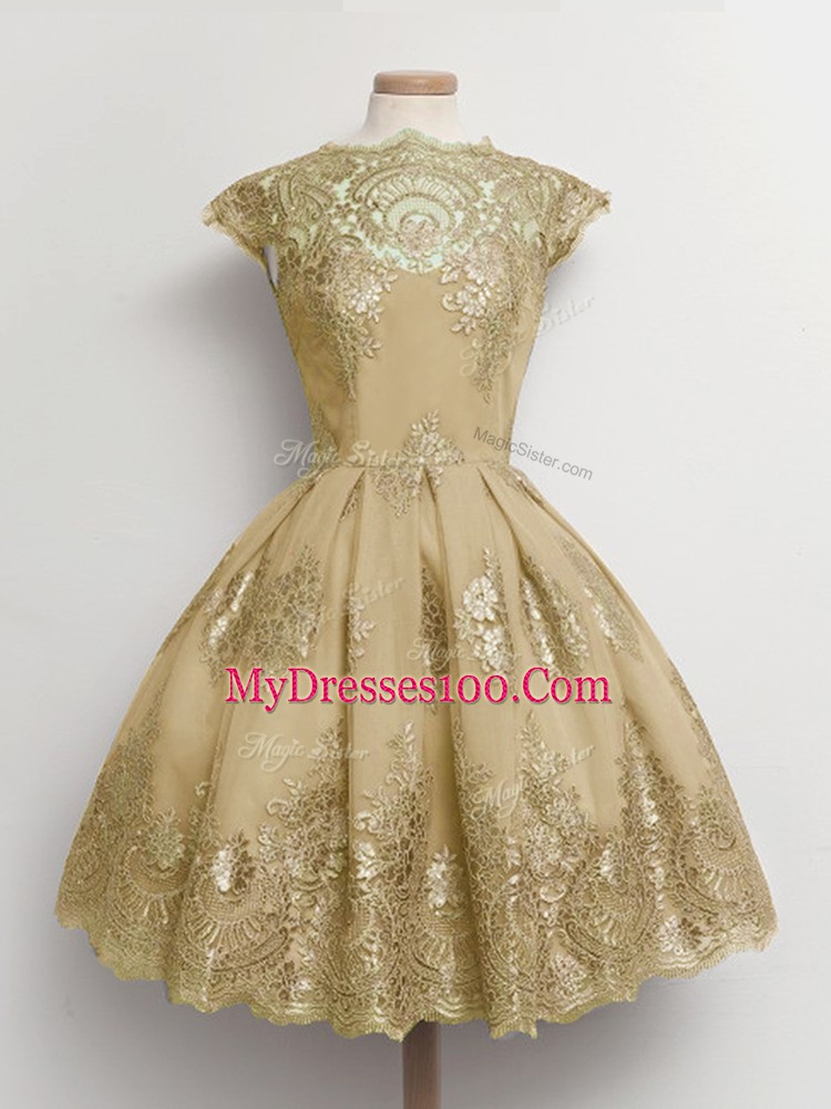 Custom Made Brown Cap Sleeves Knee Length Lace Lace Up Quinceanera Court of Honor Dress