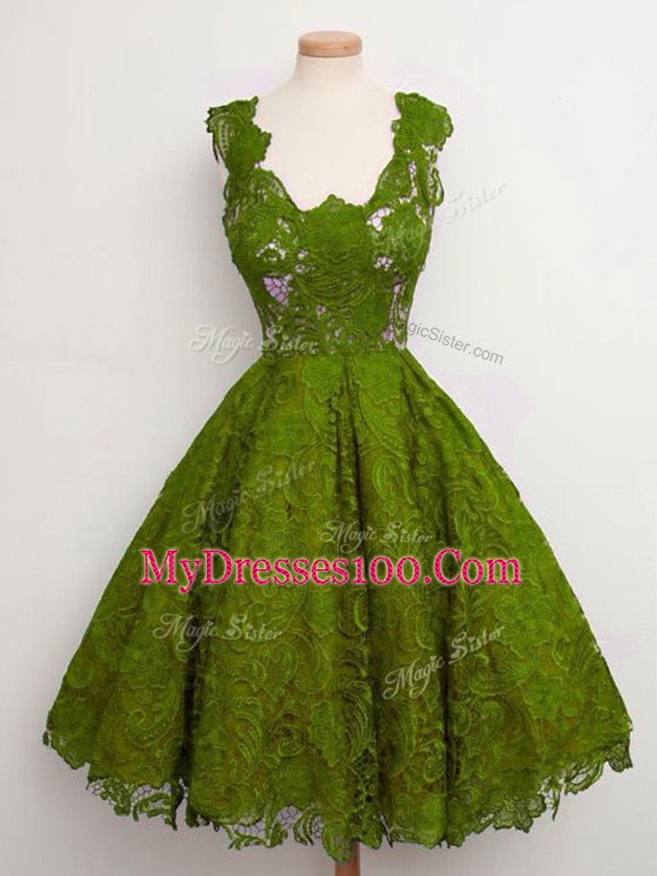 Knee Length Lace Up Wedding Party Dress Olive Green for Prom and Party and Wedding Party with Lace
