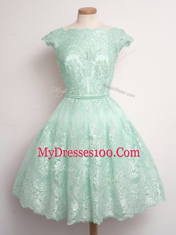 Apple Green A-line Lace Scalloped Sleeveless Lace Knee Length Lace Up Dama Dress for Quinceanera